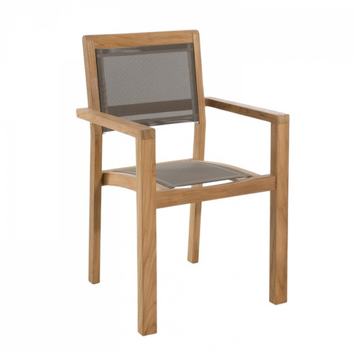 Ensemble de 2 fauteuils jardin empilables en bois teck et textilène couleur taupe MACABANE Meuble & Déco