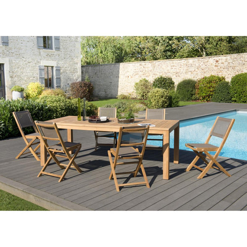Macabane - Ensemble Table VISTE en Teck + 6 chaises pliantes Taupe en textilène - Table De Jardin Design