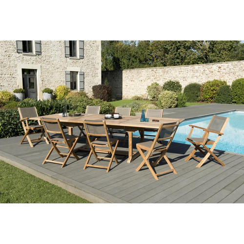 SALON DE JARDIN EN BOIS TECK 10/12 pers - Ensemble de jardin - 1 Table rectangulaire extensible 200*300/120 cm - 6 chaises et 2 fauteuils textilène couleur taupe