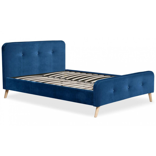 3S. x Home - Lit scandinave avec tête de lit et sommier 140x190cm Velours Bleu MERRYN - Lit Design