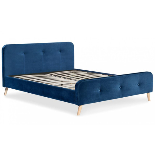 3S. x Home - Lit scandinave avec tête de lit et sommier 160x200cm Velours Bleu MERRYN - Lit Design
