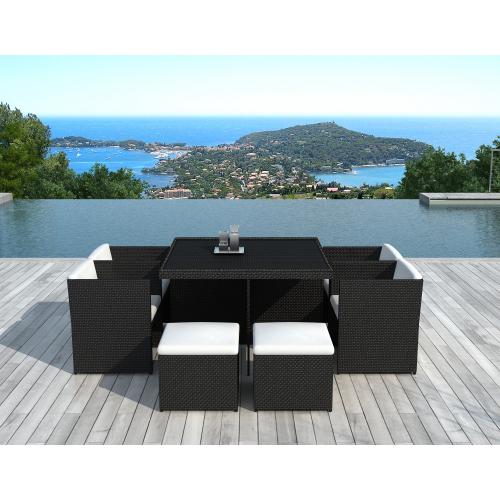 3S. x Home - Table Repas Outdoor + 4 Fauteuils + 4 Poufs En Résine Tressée Marron ZAYA - Ensemble Table Et Chaise Design