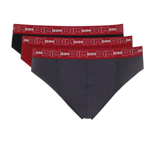 Dim Homme - Pack de 3 Slips Coton Stretch - Ceinture Siglée Gris / Rouge - Dim Underwear