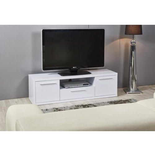 Meuble TV en bois laque 2 portes avec tiroir et étagère de rangement YARDEN Blanc 3S. x Home