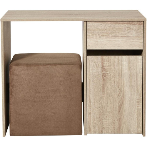 3S. x Home - Ensemble bureau bois naturel et pouf tissu taupe  - Meuble De Bureau Design