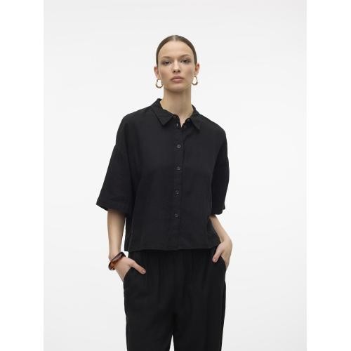 Vero Moda - Chemise fermeture par bouton col chemise manches larges manches 2/4 noir - Chemise femme lin