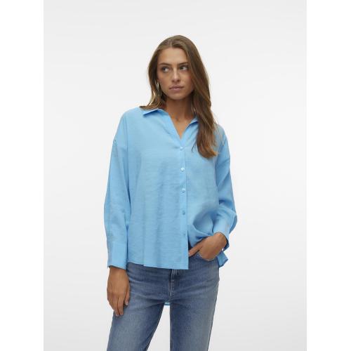 Chemise fermeture par bouton poignets boutonnés col chemise manches longues bleu Wren en coton Vero Moda Mode femme