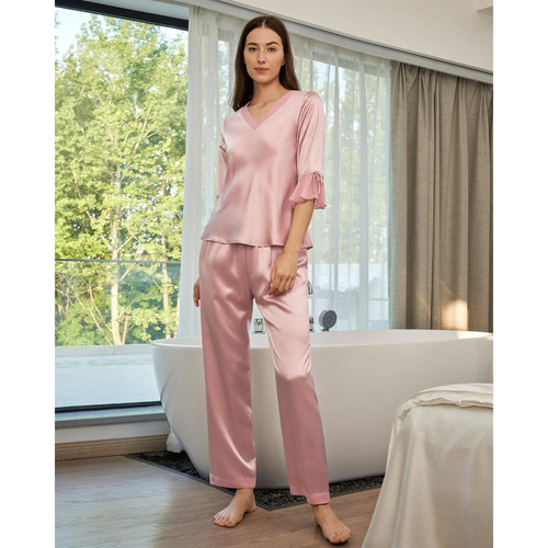 Ensemble De Pyjama En Soie  Dentelle rose poudre LilySilk Mode femme