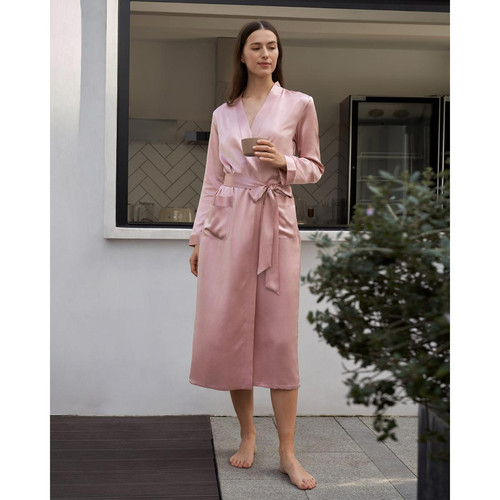 Robe De Chambre En Soie Longue Classique rose poudre LilySilk Mode femme