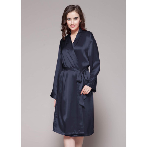Robe De Chambre Mi longueur 100% Soie Naturelle Classique bleu marine LilySilk Mode femme