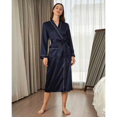 Robe De Chambre Longue En Soie Bordure Contraste bleu marine LilySilk Mode femme