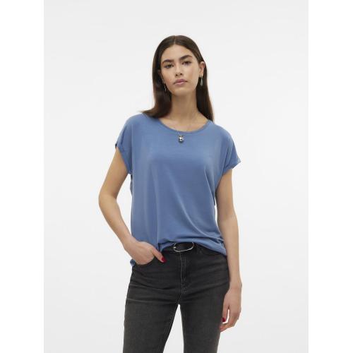 Vero Moda - T-shirt longueur regular col rond épaules tombantes manches courtes bleu - Promo T-shirt manches courtes