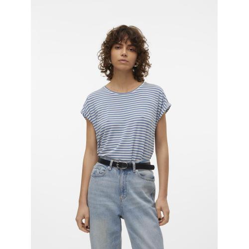 Vero Moda - T-shirt longueur regular col rond manches courtes bleu - Promo T-shirt manches courtes