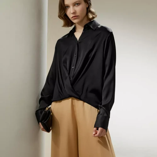 LilySilk - Blouse en soie plissée à ourlet  Noir - Nouveautés blouses femme
