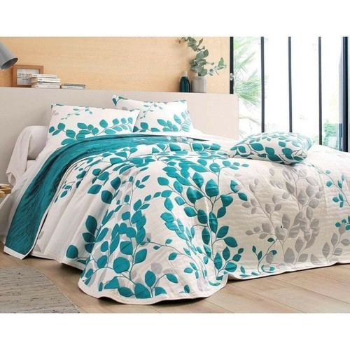 Jeté de lit jacquard motif fleurs - Turquoise Becquet Linge de maison