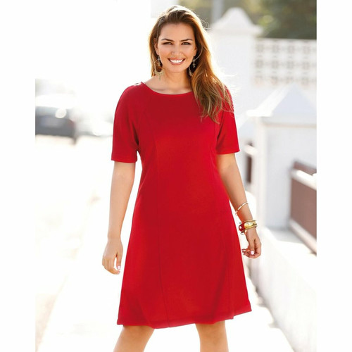 3 SUISSES - Robe unie cintrée évasée manches aux coudes femme - Rouge - Mode : Rentrée prix minis