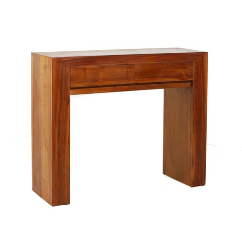 Table d'Appoint rectangulaire 2 tiroirs en teck style colonial - Miel - BIANCA Marron MACABANE Meuble & Déco
