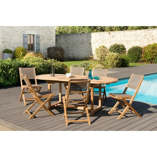 Macabane - Ensemble table ovale extensible + 6 chaises pliantes en teck massif et textile - Teck - Table De Jardin Design