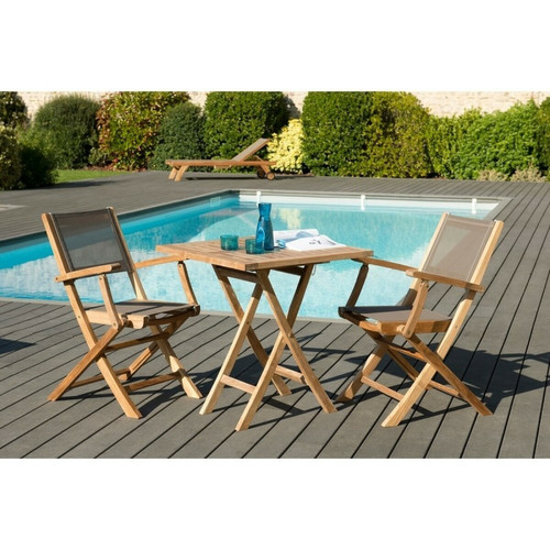 Macabane - Ensemble table carrée pliante 70 cm + 2 fauteuils pliants en teck massif et textile - Teck - Table De Jardin Design