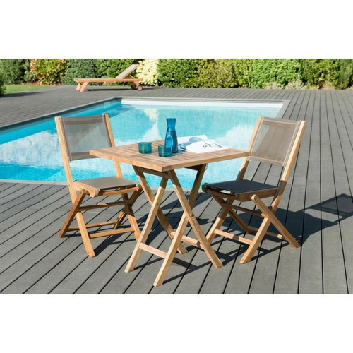 Macabane - Ensemble table carrée pliante 70 cm + 2 chaises pliantes en teck massif et textile - Teck - Table De Jardin Design