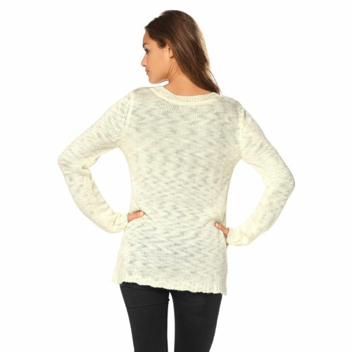 Pull col rond manches longues croix en strass maille flammée femme AJC - Blanc Pull