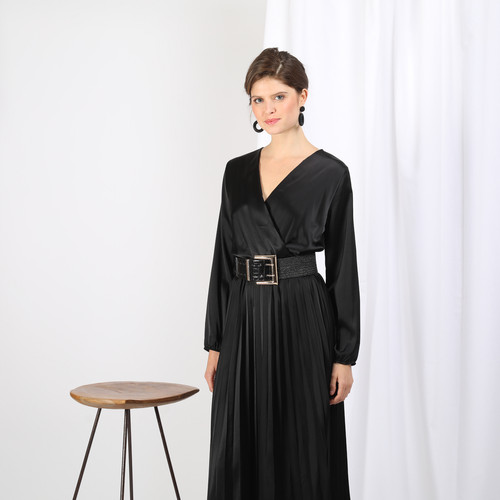 3S. x Le Vestiaire - Robe plissée midi col V - Vetements femme made in italie