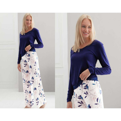 Pyjama femme uni/imprimé feuillage - Bleu en viscose Becquet Mode femme