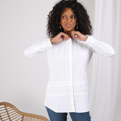 3S. x Le Vestiaire - Chemise manches longues dentelle et jeux de plis femme - Blanc - Promo vetements femme blanc