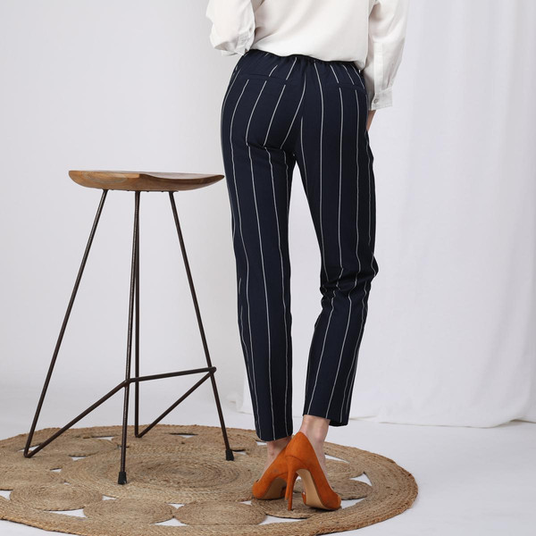 Pantalon rayé taille élastique poches et pinces dos femme - Rayé Bleu Marine 3S. x Le Vestiaire