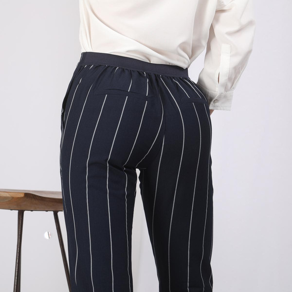 Pantalon rayé taille élastique poches et pinces dos femme - Rayé Bleu Marine Pantalon droit