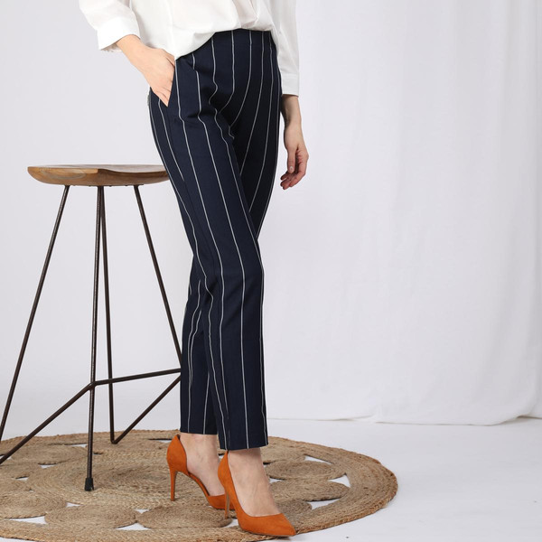 Pantalon rayé taille élastique poches et pinces dos femme - Rayé Bleu Marine 3S. x Le Vestiaire Mode femme