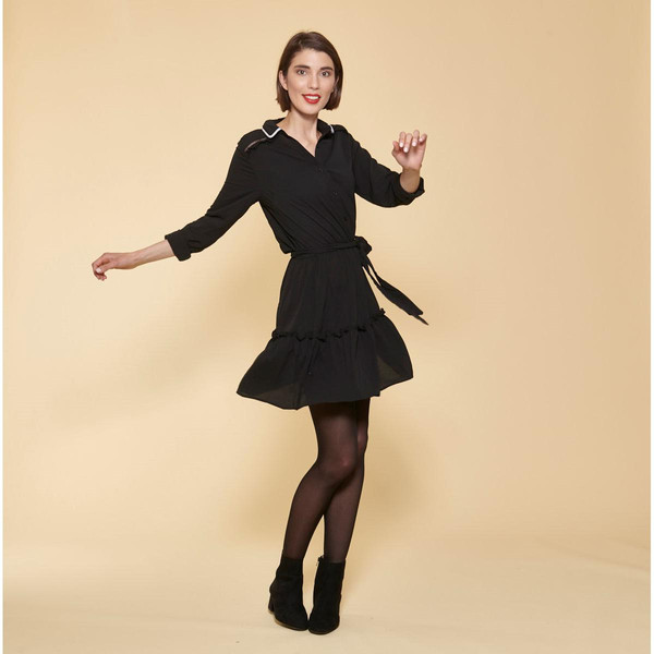 Robe courte manches longues taille élastique et ceinture contrastée femme - Noir 3 SUISSES Mode femme