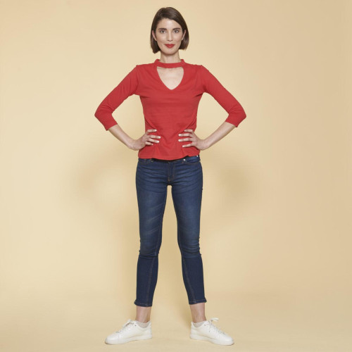 Tee-shirt col en V devant et dos manches 3/4 femme - Rouge 3 SUISSES