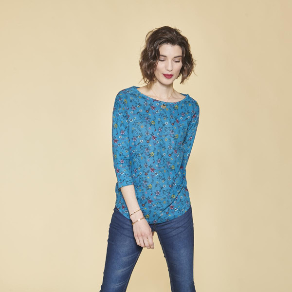 Tee-shirt imprimé floral manches 3/4 à revers femme - Bleu Pétrole en coton 3 SUISSES Mode femme