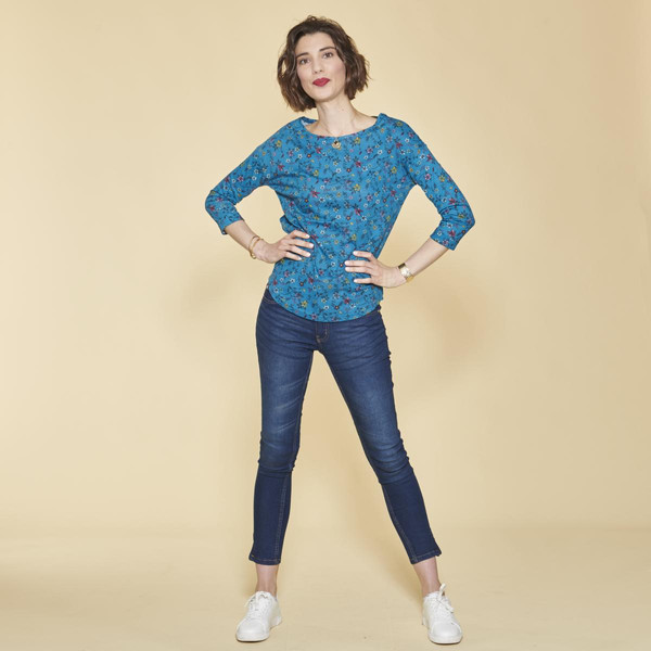 Tee-shirt imprimé floral manches 3/4 à revers femme - Bleu Pétrole en coton 3 SUISSES