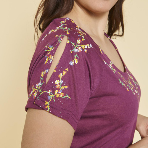 3 SUISSES - Tee-shirt imprimé manches courtes fendues femme - Prune - Promo T-shirt manches longues