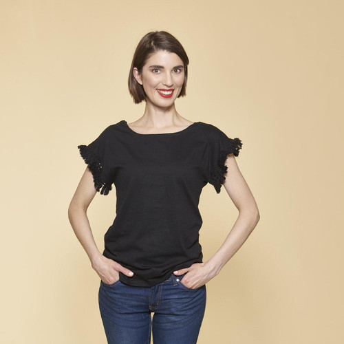 Tee-shirt manches courtes avec passementerie femme - Noir en coton 3 SUISSES Mode femme