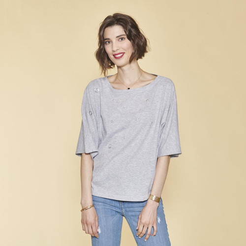 3 SUISSES - Tee-shirt manches courtes oeillets devant femme - gris chiné - T-shirt manches longues femme
