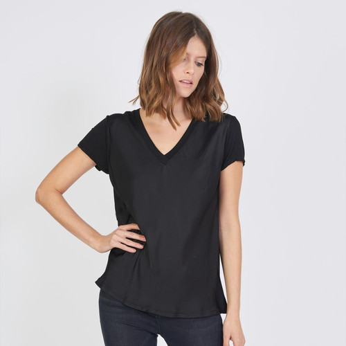 3S. x Le Vestiaire - Tee-shirt manches courtes col V mélange soie - Vetements femme made in italie