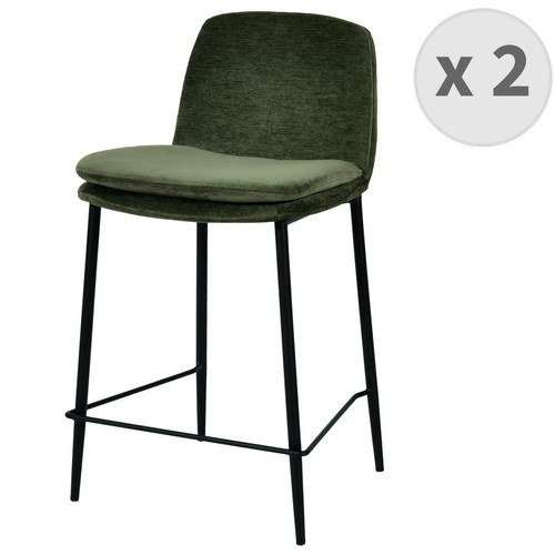 3S. x Home - lot de 2 chaises de bar Contemporain tissu chenillé Sauge et métal noir mat - Tabouret De Bar Design