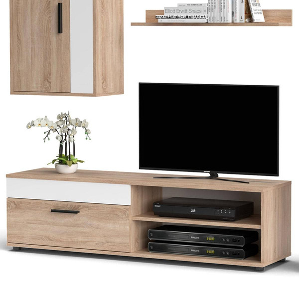 Meuble TV L140cm avec 2 armoires et étagère Bernie Chêne clair et Blanc 3S. x Home