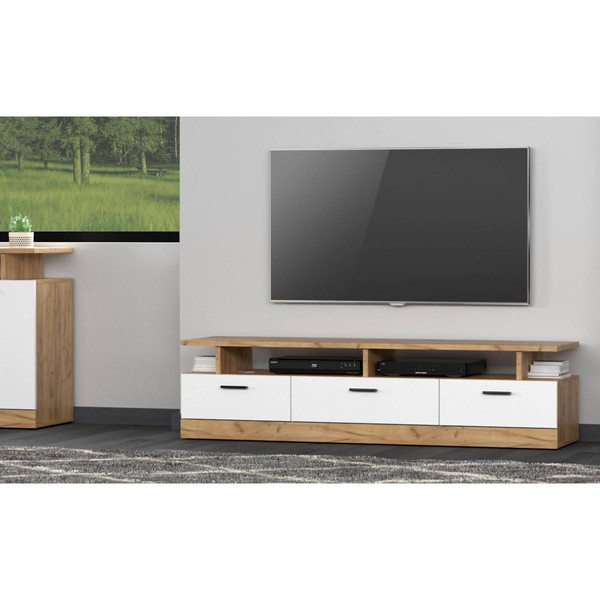 Meuble tv moderne 3 tiroirs L165cm Blanc et Chêne doré Meuble TV