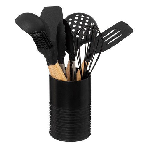 3S. x Home - Pot métal noir à ustensiles avec 7 accessoires - Ustensile de cuisine