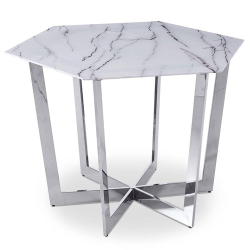 3S. x Home - Table hexagonale 120cm Zadig Verre Effet marbre blanc et pied Métal Argent - Table Salle A Manger Design