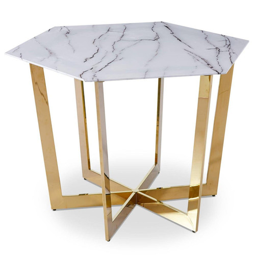 3S. x Home - Table hexagonale 120cm Zadig Verre Effet marbre blanc et pied Métal Or - Table Salle A Manger Design