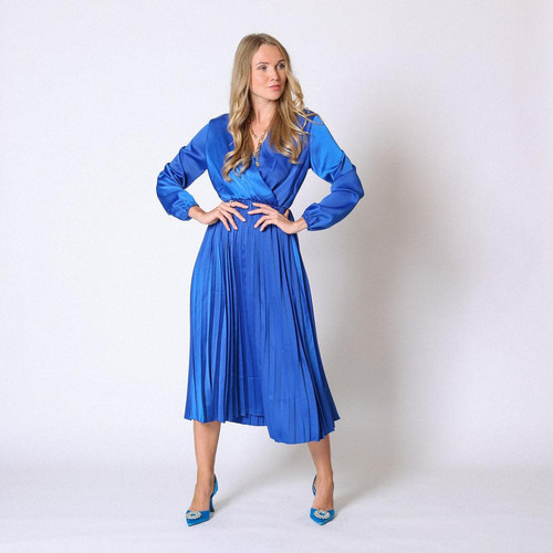 3S. x Le Vestiaire - Robe plissée midi col V - Robes longues femme bleu