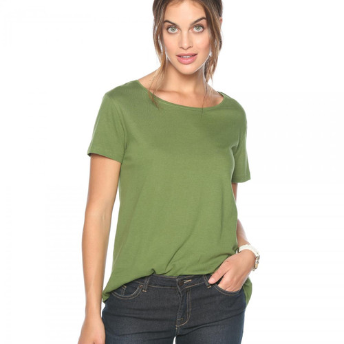 Tee-shirt asymétrique fendu manches courtes femme Vert en coton Venca Mode femme