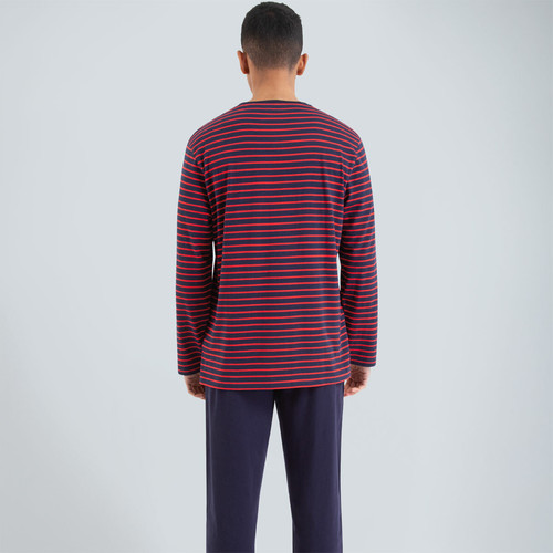 Pyjama long col rond homme Rayures rouge en coton Athéna