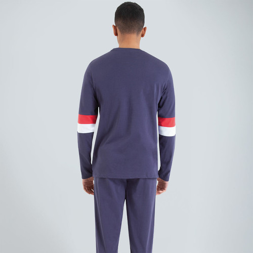 Pyjama long col rond homme Homewear bleu en coton Athéna