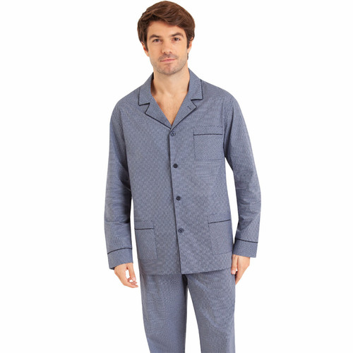 Pyjama long ouvert en coton pour homme Popeline Bleu Manches longues Eminence LES ESSENTIELS HOMME